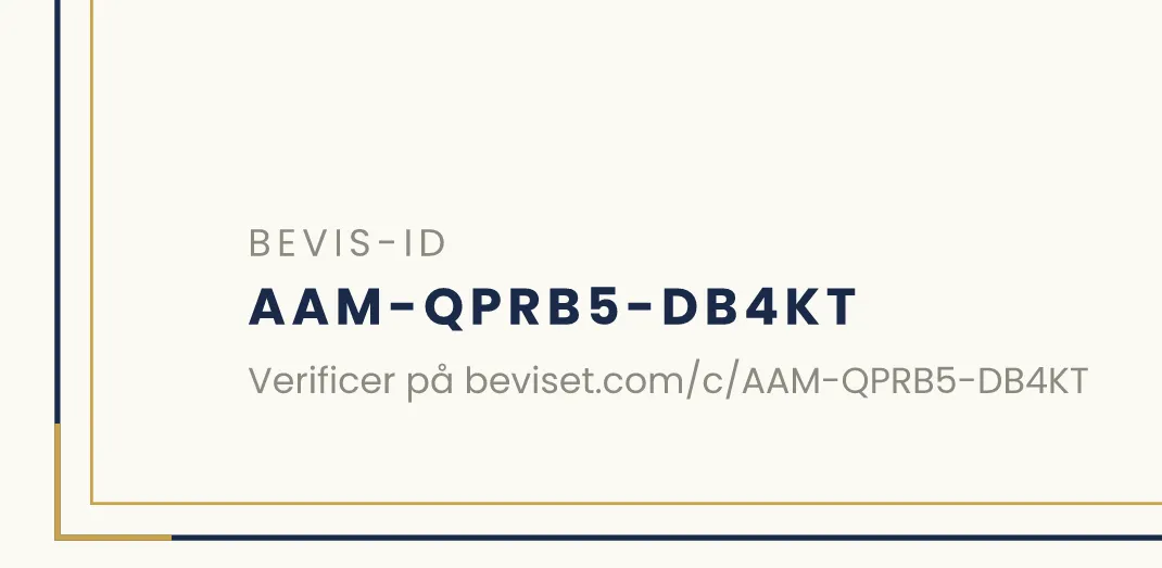 Udsnit af beviset: Bevis-ID AAM-QPRB5-DB4KT og linjen Verificer på beviset.com/c/AAM-QPRB5-DB4KT.